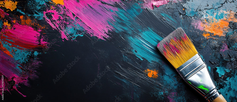 Obraz premium vibrant paintbrush rests on colorful abstract background, showcasing mix of bright hues like pink, blue, and orange. This captures essence of creativity and artistic expression