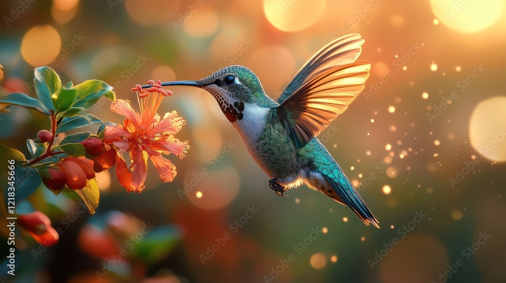 Fototapeta premium Hummingbird in Flight, Nectar at Sunset