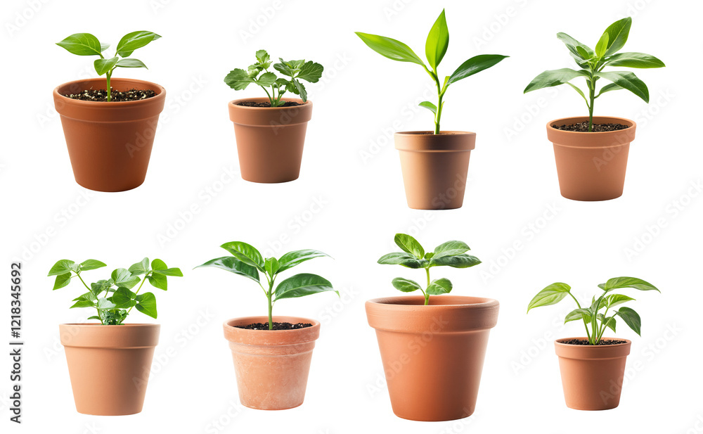 Obraz premium Collection of various potted plants, featuring young green seedlings in terracotta pots. The plants have vibrant green leaves isolated on white transparent background PNG set