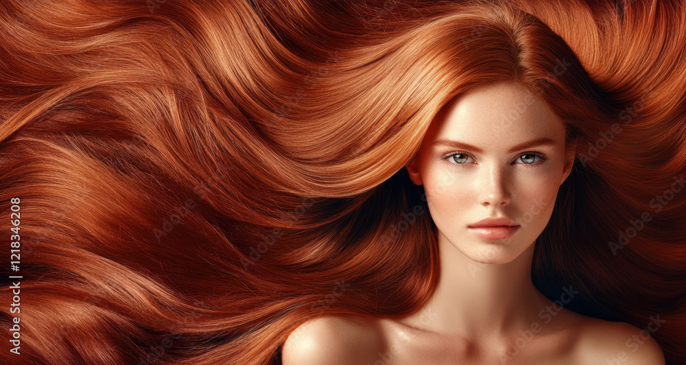 Obraz premium young woman with long, flowing red hair poses gracefully, showcasing her natural beauty and radiant skin. vibrant hair cascades around her, creating stunning visual impact