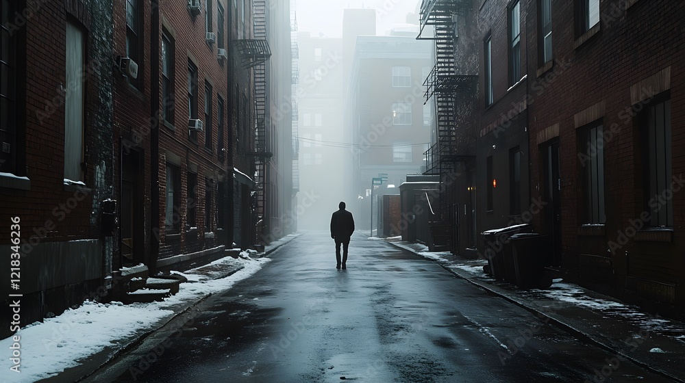 solitary figure walking down snowy alley in fog solitary figure walking down snowy alley in fog