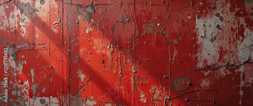 Rusty metal texture, peeling red paint, weathered industrial surface, corroded steel panel, distressed urban backdrop, grungy abstract pattern, oxidized iron wall, decaying industrial aesthetic, textu photo