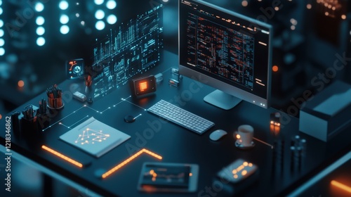 Wallpaper Mural Modern Workspace with Computer Monitor Showing Data Analytics, Creative Supplies, and Futuristic Technology Elements for Digital Professionals Torontodigital.ca