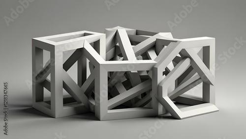 Impossible 3D Geometric Figures Construction, Optical Illusion on White Background