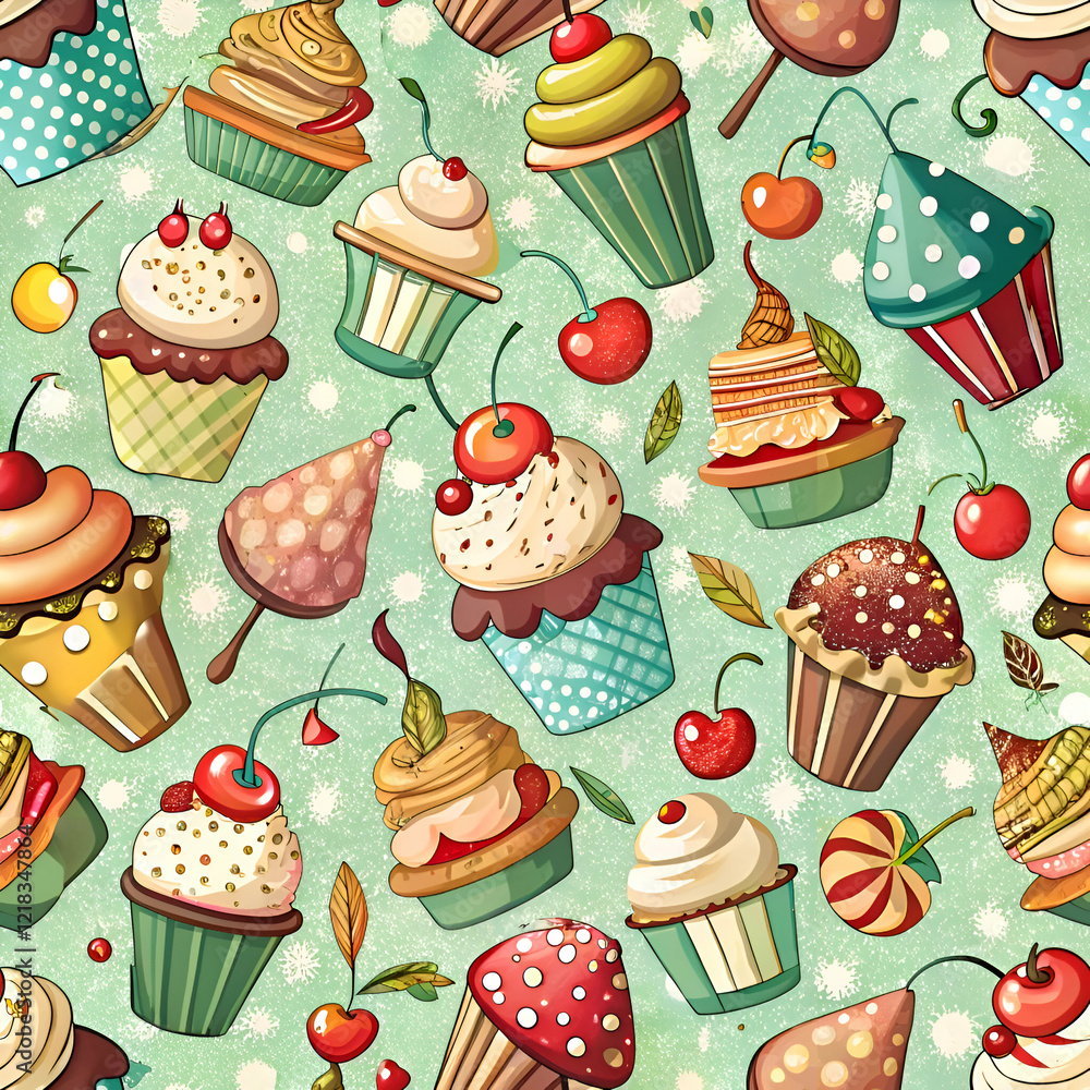 A Sweet and Colorful Seamless Pattern of Cupcakes and Cherries. A Sweet and Colorful Seamless Pattern of Cupcakes and Cherries.