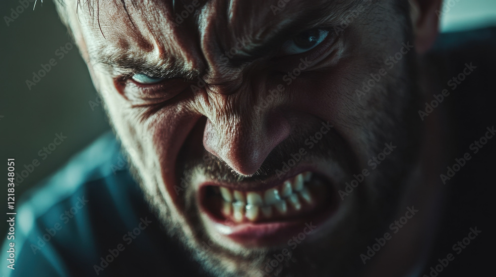 Angry man with intense expression, showing teeth and furrowed brow, conveying strong emotions Angry man with intense expression, showing teeth and furrowed brow, conveying strong emotions