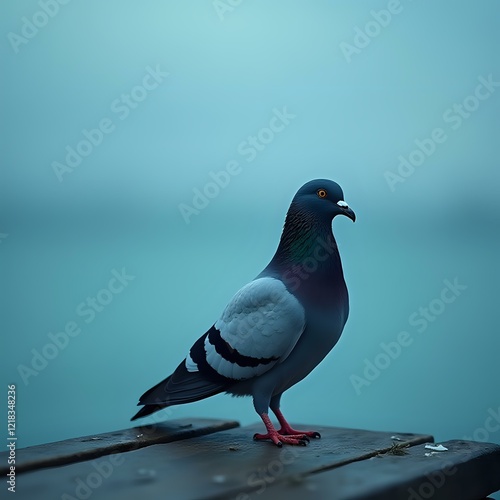 Wallpaper Mural A pigeon with a multicolored plumage perches on a weathered wooden surface, its gaze directed to the left, against a backdrop of a hazy blue sky. Torontodigital.ca