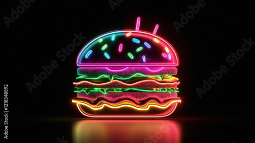 colorful neon hamburger, in a black background,bold outline