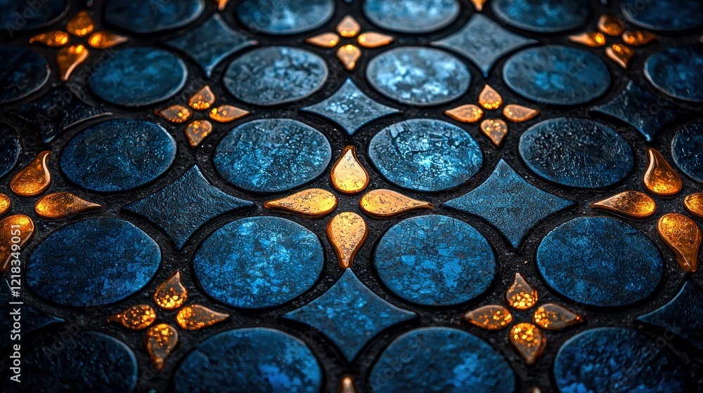 Ornate Patterned Background with Blue Discs and Gold Accents Design Ornate Patterned Background with Blue Discs and Gold Accents Design