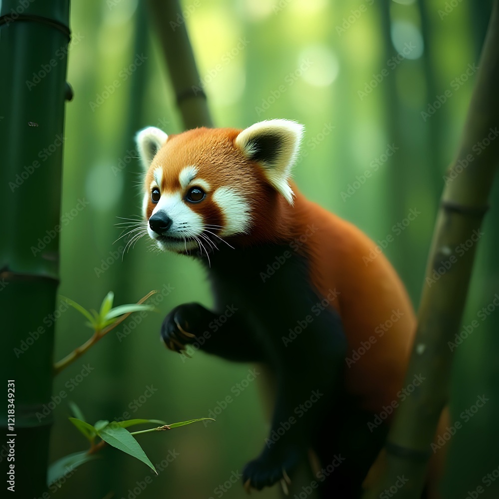 Obraz premium A red panda is perched on a bamboo stalk, its head turned slightly to the left, amidst a blurred green background.