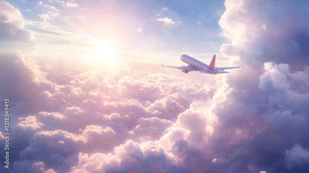 Plane fly in sky above white fluffy clouds and sun. Concept of passenger aircraft flight, travel, commercial aviation. Vector cartoon illustration of flying big airplane on sunny sky background Plane fly in sky above white fluffy clouds and sun. Concept of passenger aircraft flight, travel, commercial aviation. Vector cartoon illustration of flying big airplane on sunny sky background