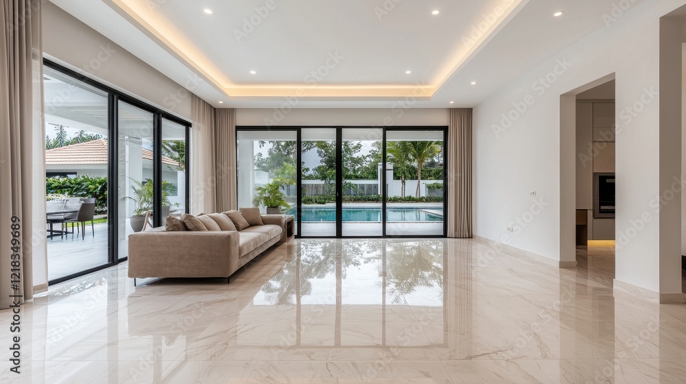Fototapeta premium A spacious, modern living room featuring large glass doors, natural light, a comfortable sofa, and elegant marble flooring.