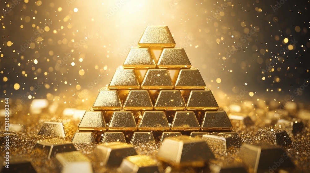 Pyramid of gold bars highlighted by golden spotlights on a seamless gradient background.