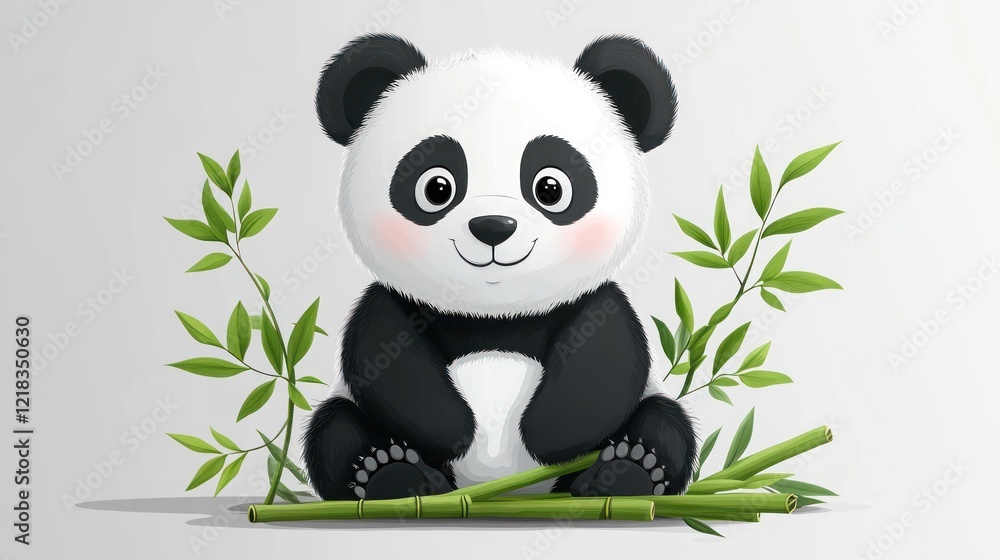 Obraz premium Adorable cartoon panda cub sitting amidst bamboo stalks.