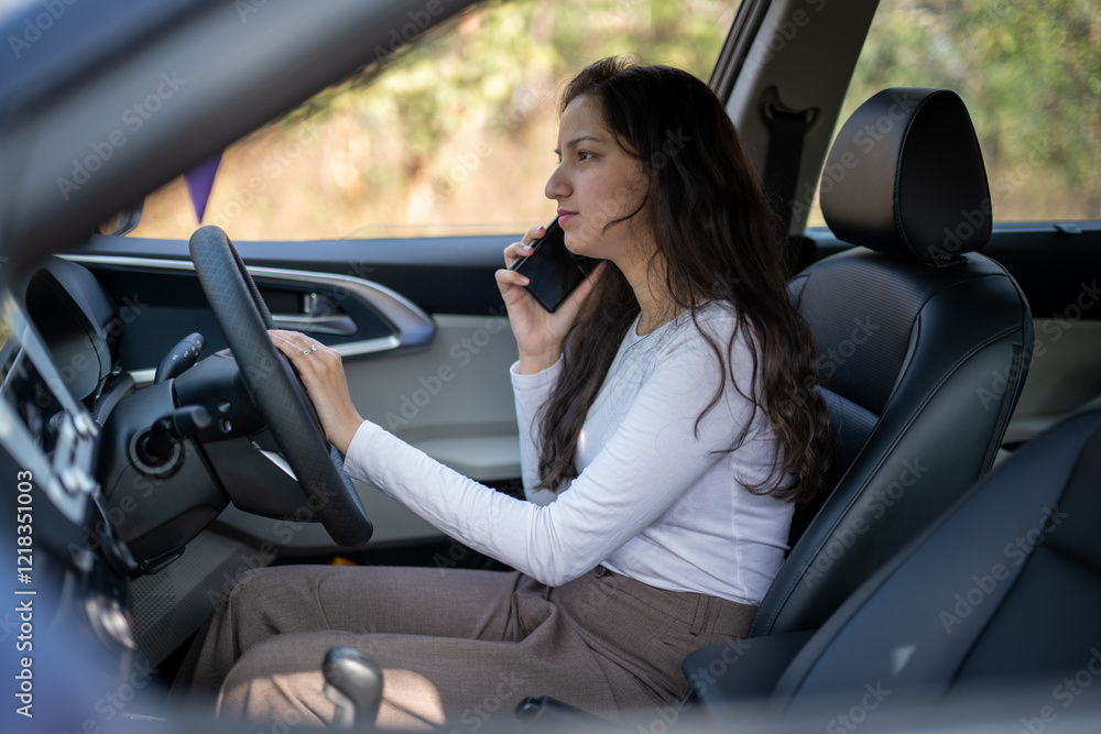 young woman driving in car and checking her phone network, annoyed by navigation gps system or bad text message or email, young woman driving in car and checking her phone network, annoyed by navigation gps system or bad text message or email,