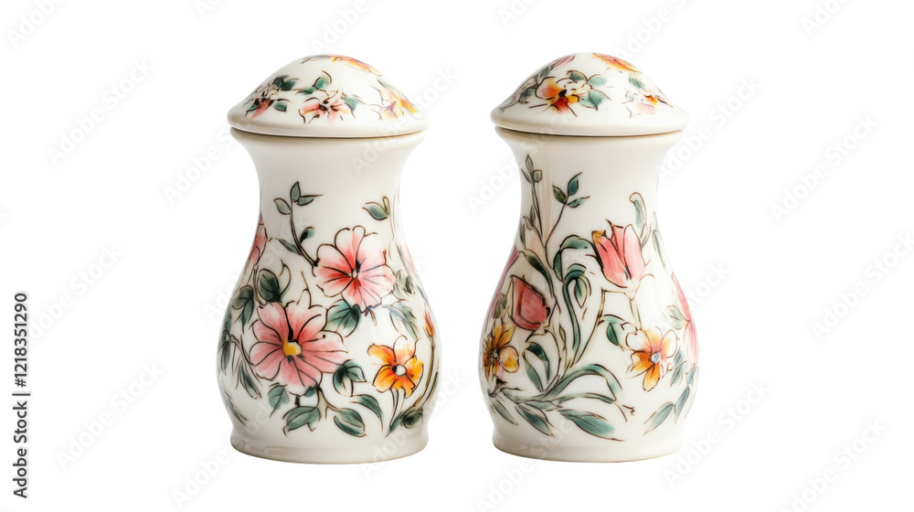 Floral salt and pepper shakers on transparent background Floral salt and pepper shakers on transparent background