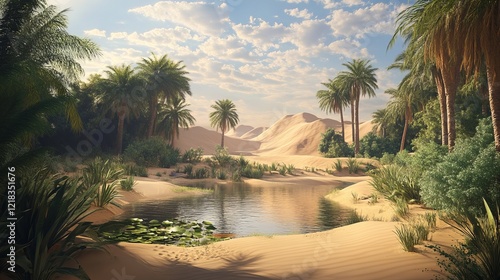 Desert landscape with lake and palm trees in oasis in sand and hills. Water and green plants in middle of dune. Cartoon vector illustration of sunny summer scenery of savannah with pond and greenery. photo