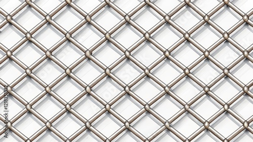 Abstract metallic grid pattern featuring intersecting rods and spherical connectors  a design element suitable for various applications  offering a modern and elegant visual texture.