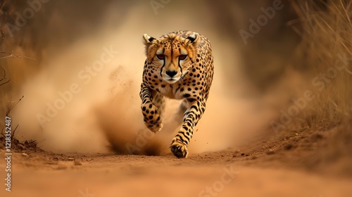 Cheetah with a white spot on its face running down a dirt road photo