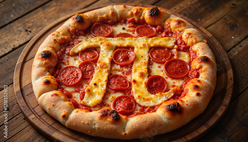 Pizza with pepperoni and pi symbol on wooden board