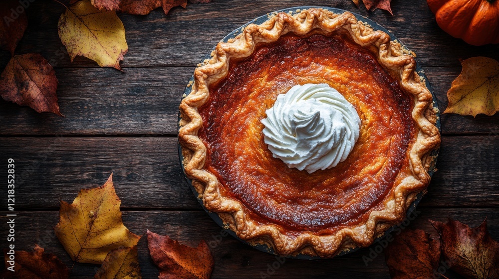 Fototapeta premium A beautifully baked pumpkin pie with whipped cream on a rustic wooden table surrounded by autumn leaves