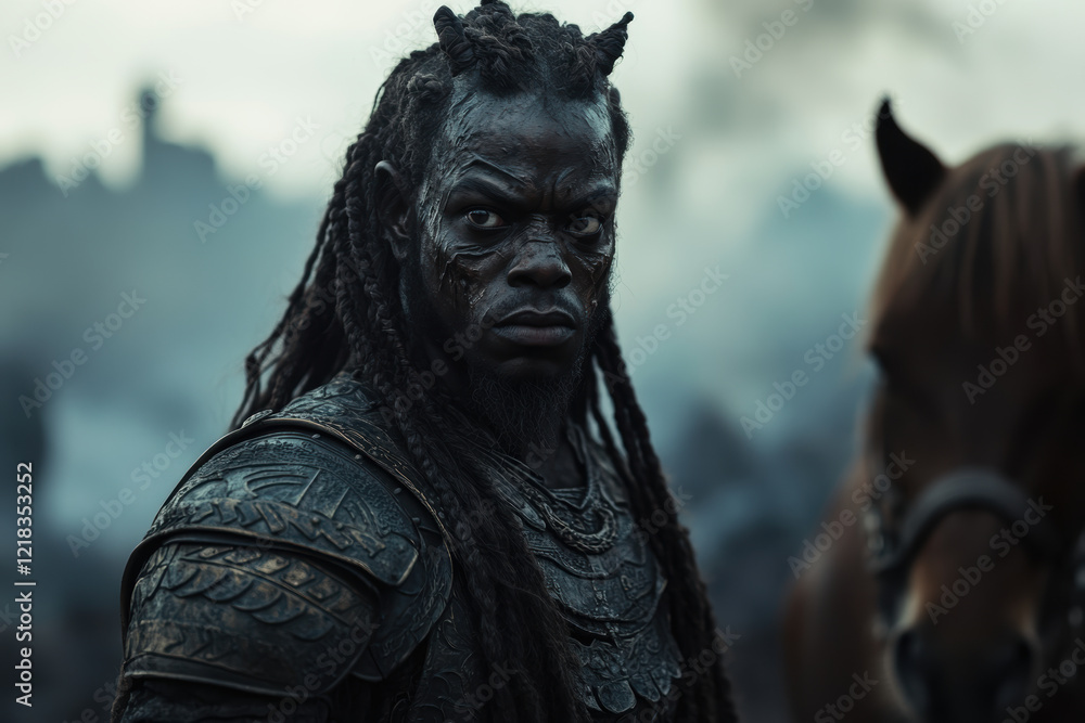 Warrior in Battle Armor with Horse in Misty Battlefield Warrior in Battle Armor with Horse in Misty Battlefield