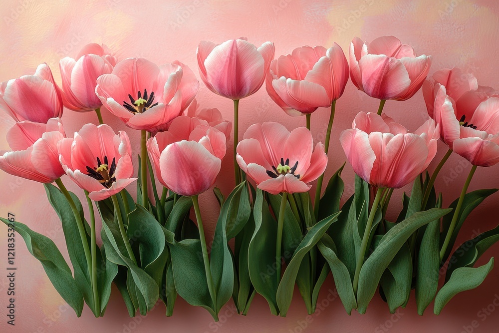 Fototapeta premium Delicate Pink Tulips on Soft Pink Background with Copy Space, Minimalist Flat Lay Design for Valentine's Day or Romantic Occasions