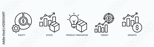 A Visionary Icon Set Isolated Vector With Icon Of Equity, Stock, Product Innovation, Target, Growth In Outline Style