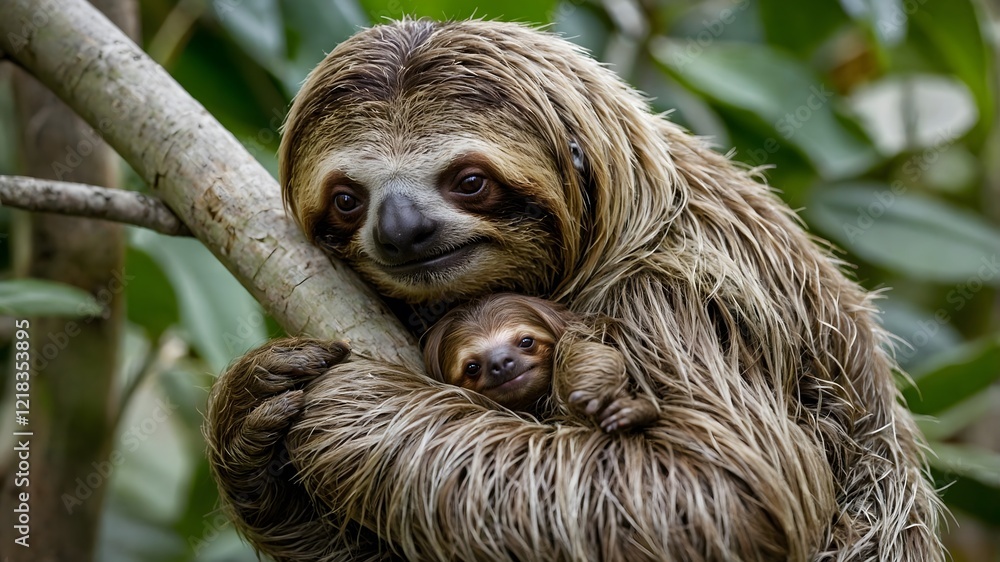 Naklejka premium Sloth with Baby: A Heartwarming Moment Between Mother and Child