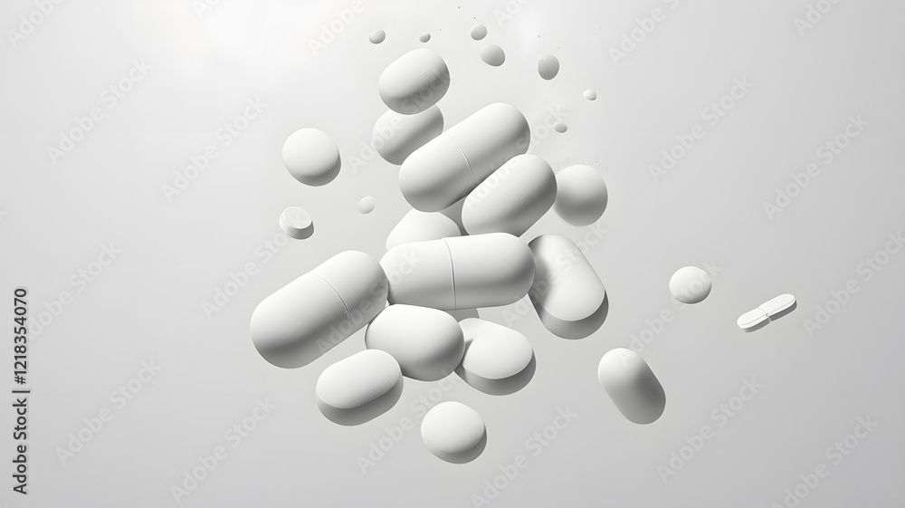 White Pills Floating in Air: A Surreal Health Concept White Pills Floating in Air: A Surreal Health Concept
