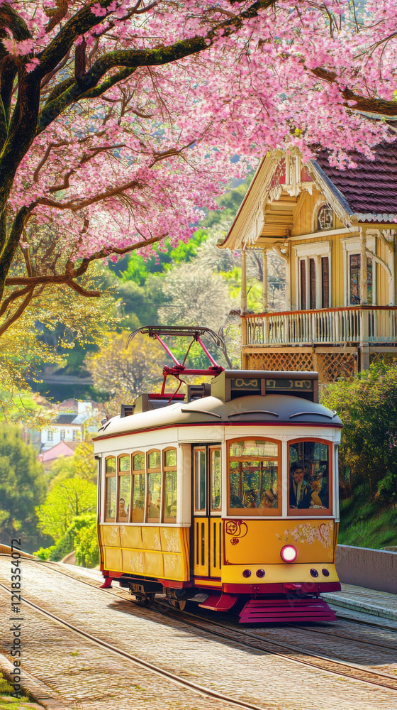 Obraz premium Spring Encounter in Lisbon: Blossoming Trees, Tram Ride, Afternoon Sunshine, Realistic Scenery