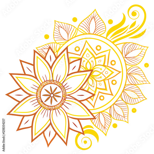 Indian flower mandala art with luxury golden circle frame transparent vintage gold circular patten