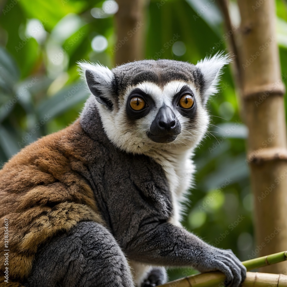 Fototapeta premium Lemur with Other Wildlife: A Lively Encounter in the Vibrant Forest