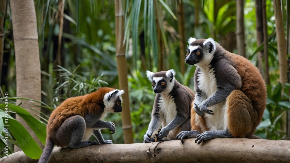 Obraz premium A Lemur Sharing the Forest with Diverse Wildlife in a Dynamic Encounter