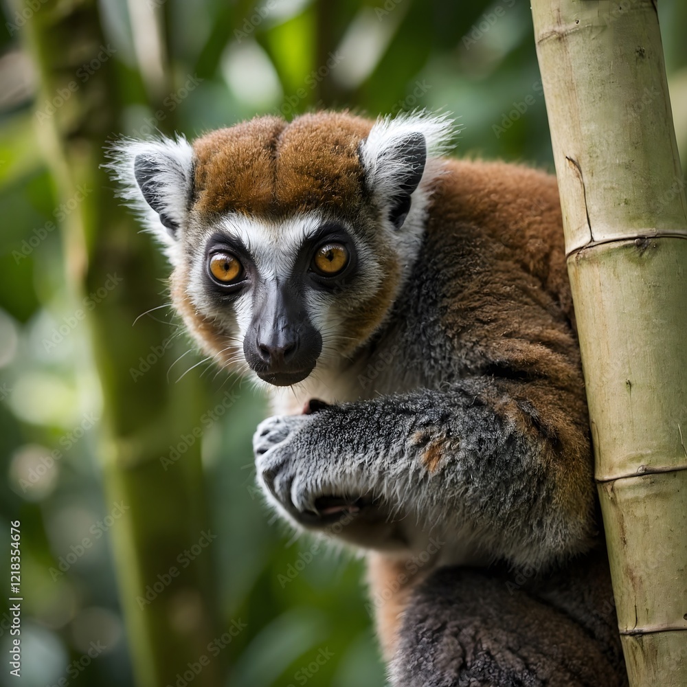 Obraz premium Heartwarming Scene of a Mother Lemur Cradling Her Baby in the Forest