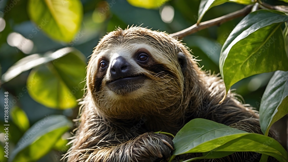 Fototapeta premium A Peaceful Sloth Enjoying Leaves in the Calm of the Canopy