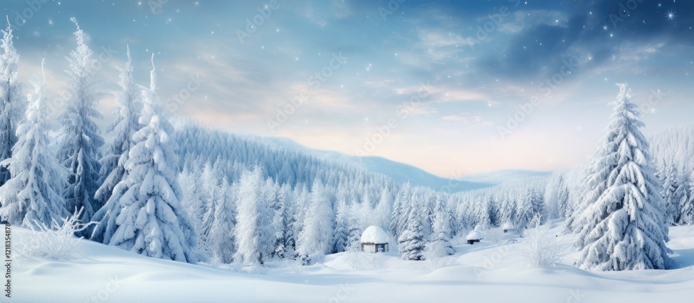 Naklejka premium Snowy winter landscape showcasing tall fir trees under a blue sky with soft clouds, ample white space for text, perfect for Christmas themes.