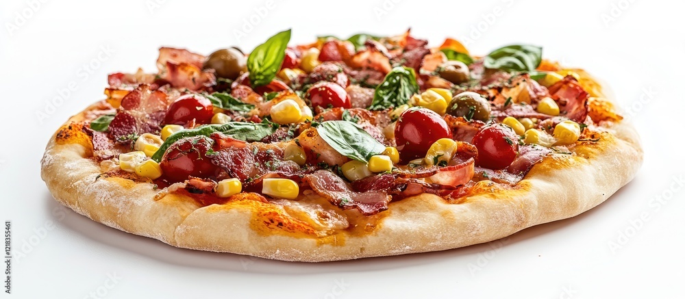 Freshly baked pizza topped with vibrant cherry tomatoes corn black olives and crispy bacon on a clean white background highlighting the delicious toppings Freshly baked pizza topped with vibrant cherry tomatoes corn black olives and crispy bacon on a clean white background highlighting the delicious toppings