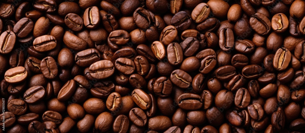 Fototapeta premium Background of roasted coffee beans in rich brown tones arranged evenly with ample copy space in the center ideal for branding and marketing.
