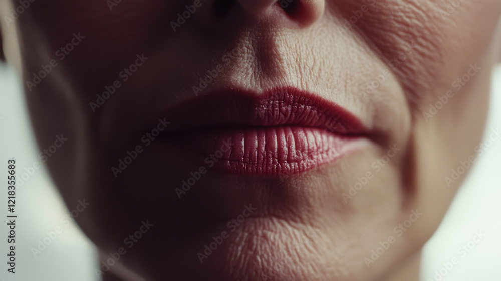 Obraz premium Close up of textured lips with subtle makeup, showcasing fine lines and natural skin tones. image captures beauty of aging and intricacies of human skin