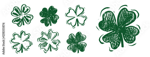 Green Clover set on white, Saint Patricks Day, hand drawn illustrations.	
