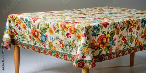 Multicolored tablecloth with intricate floral design on a neutral background, multicolors photo