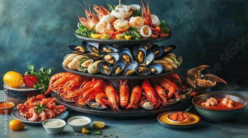 Delicious seafood platter with shrimp, mussels, clams, and lobster. Perfect for restaurant menus, seafood articles, or cooking blogs. photo