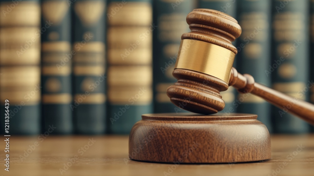 Wooden Gavel on Sound Block with Law Books in Background in Legal Office Setting Wooden Gavel on Sound Block with Law Books in Background in Legal Office Setting
