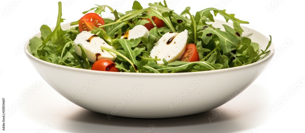 Fresh arugula salad with cherry tomatoes and mozzarella cheese in a white bowl, centered on a bright white background, showcasing vibrant greens and reds. Fresh arugula salad with cherry tomatoes and mozzarella cheese in a white bowl, centered on a bright white background, showcasing vibrant greens and reds.