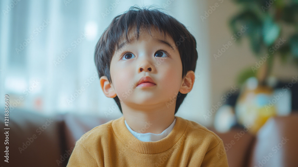 Asian little boy looking up with curiosity in cozy living room, wearing yellow sweater, surrounded by soft natural light and warm atmosphere Asian little boy looking up with curiosity in cozy living room, wearing yellow sweater, surrounded by soft natural light and warm atmosphere