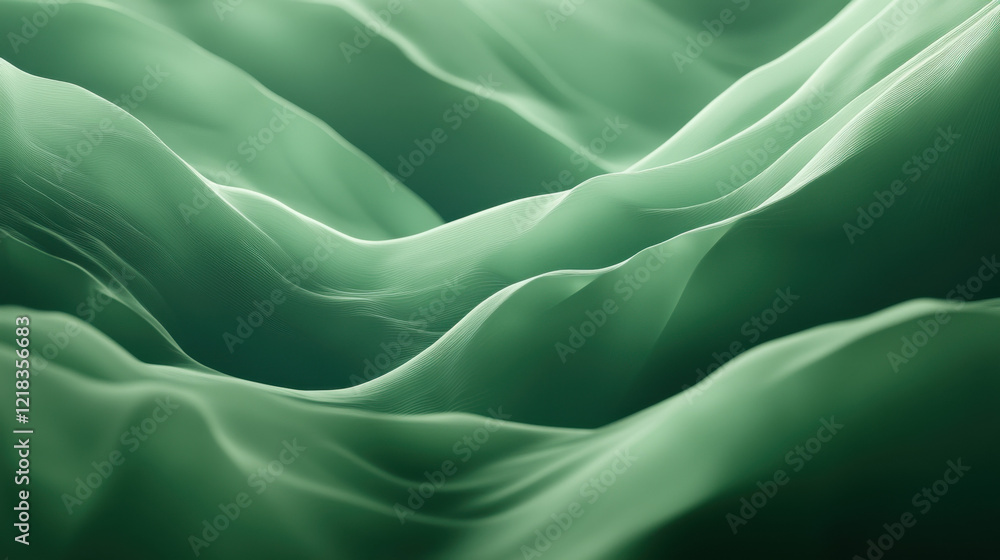 Abstract Mountain Terrain with Serene Ocean Theme and Bright 3D Objects, Calm Water Bodies, Smooth Curved Lines, Green Tone Artwork Abstract Mountain Terrain with Serene Ocean Theme and Bright 3D Objects, Calm Water Bodies, Smooth Curved Lines, Green Tone Artwork
