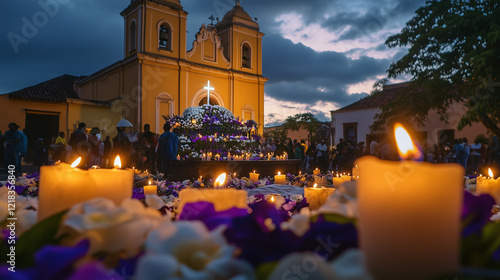 Early Semana Santa scene in the town square with large candles lit in the hands of the gathered faithful, makeshift altar decorated with white and purple flowers, Ai generated images
