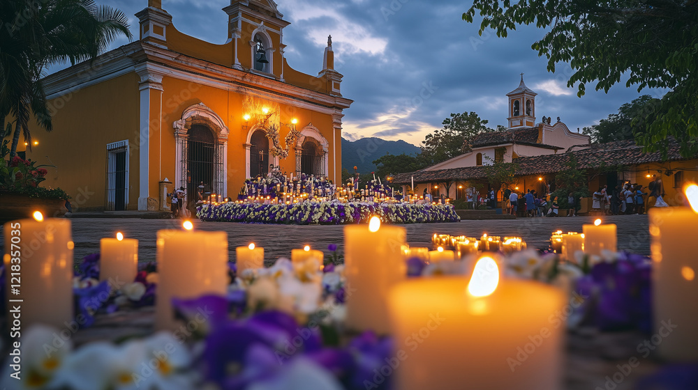 Naklejka premium Early Semana Santa scene in the town square with large candles lit in the hands of the gathered faithful, makeshift altar decorated with white and purple flowers, Ai generated images