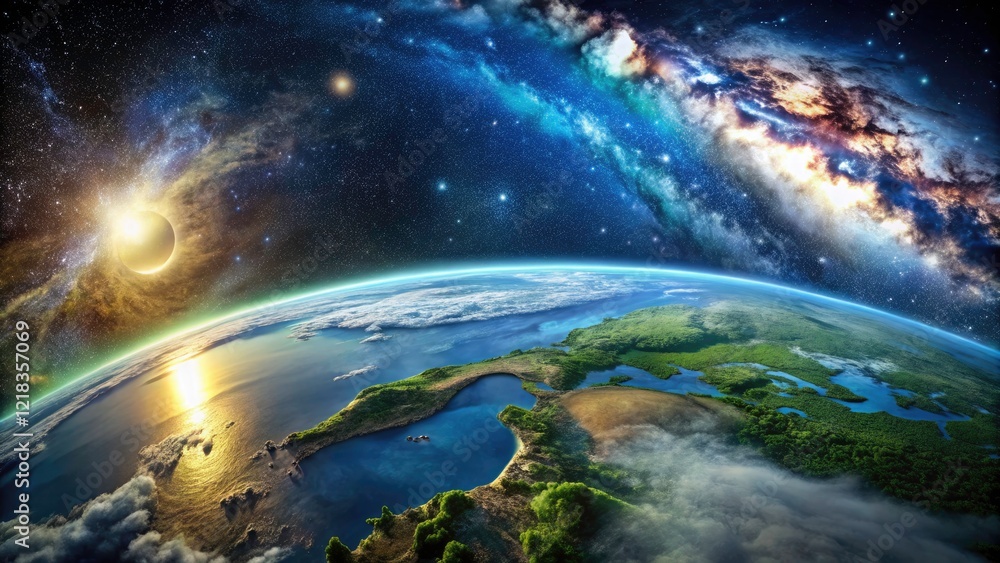 A stunning AI-rendered Earth globe, nestled within the Milky Way's star-studded galaxy. Seas, forests, and cosmic beauty unite. A stunning AI-rendered Earth globe, nestled within the Milky Way's star-studded galaxy. Seas, forests, and cosmic beauty unite.